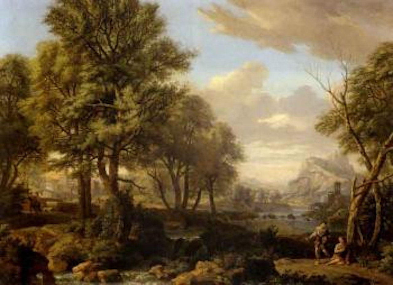 Paysage de riviere anime de paysans dans la campagne Italienne by Isaac de Moucheron