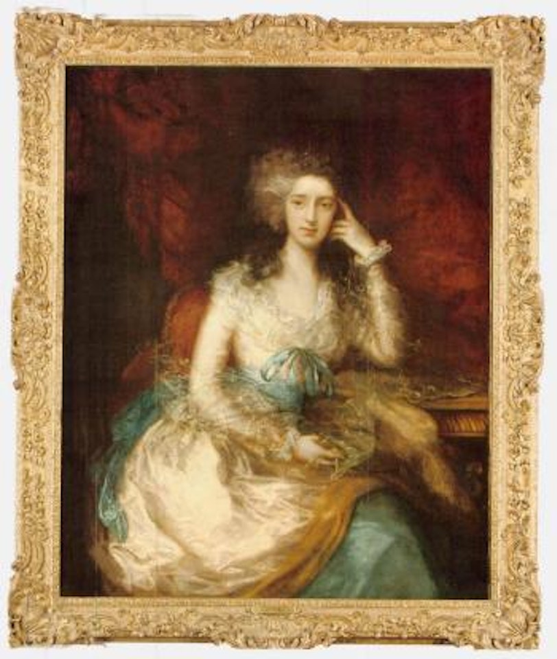 Portrait of the Hon. Mrs Watson seated in a pink dress with blue sash by Thomas Gainsborough