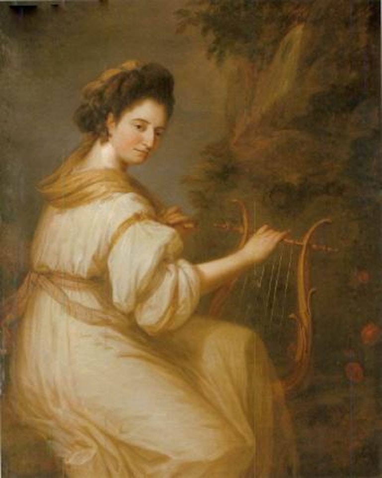 Portrait of Jemina Ord in a white dress, seated playing a lyre in a landscape by Angelica Kauffmann