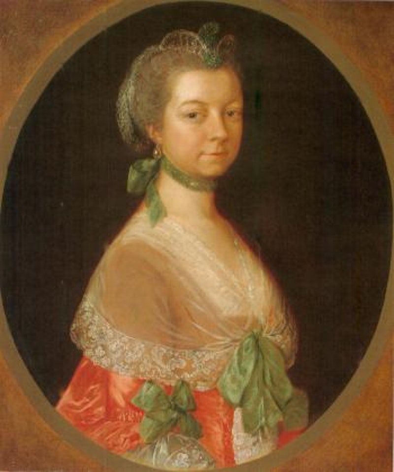 Portrait of Elizabeth Uvedale in a pink dress with green bows and lace sleeves by Thomas Gainsborough