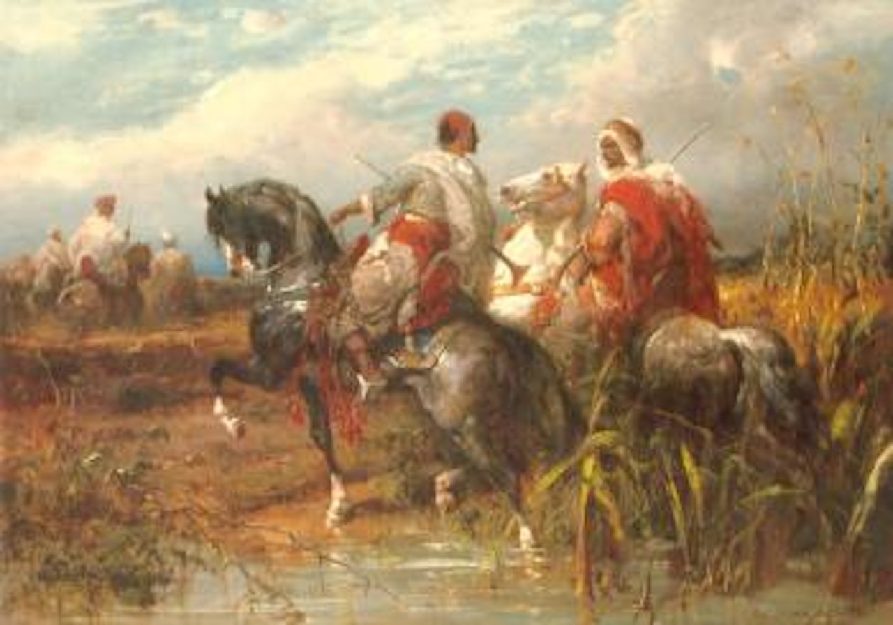 Two Arabs fording a stream by Adolf Schreyer