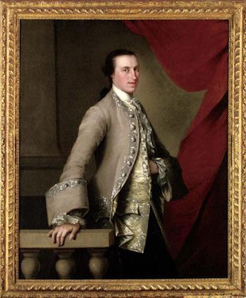 Portrait of a gentleman in a grey coat, his right hand on a balustrade by Thomas Hudson
