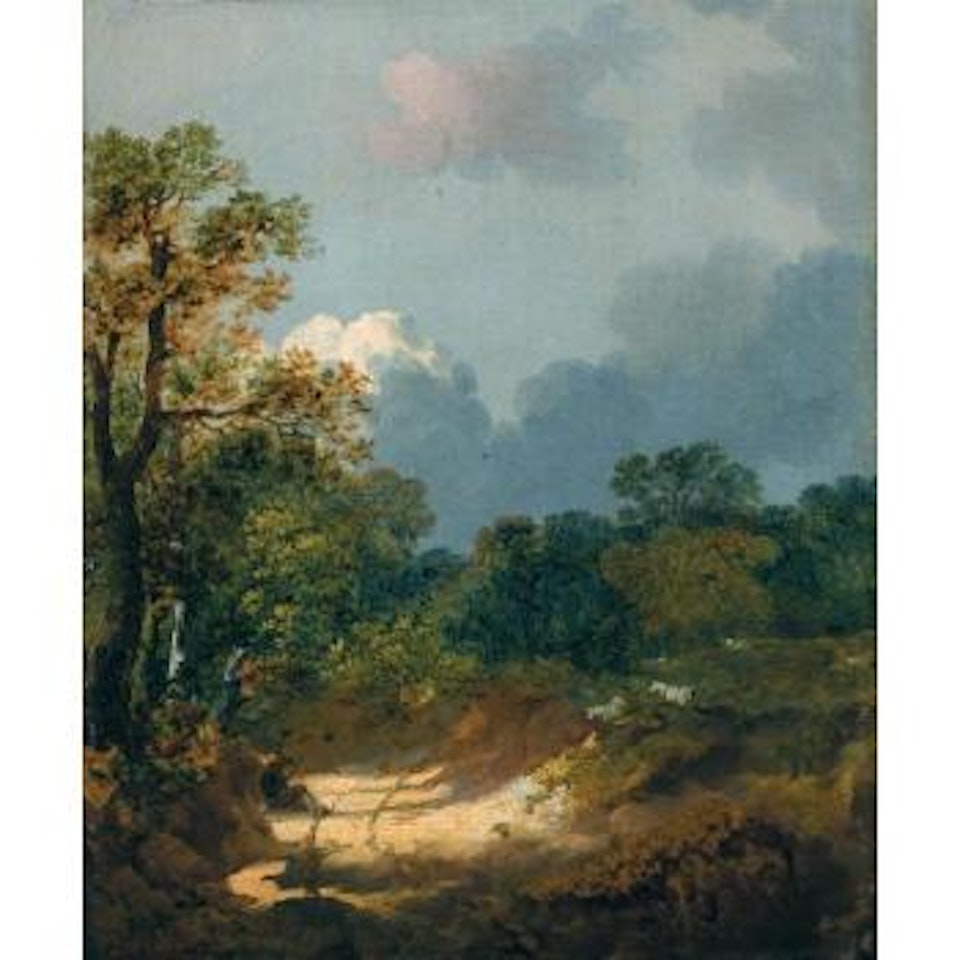 Wooded landscape with shepherd resting by a sunlit track and sheep by Thomas Gainsborough