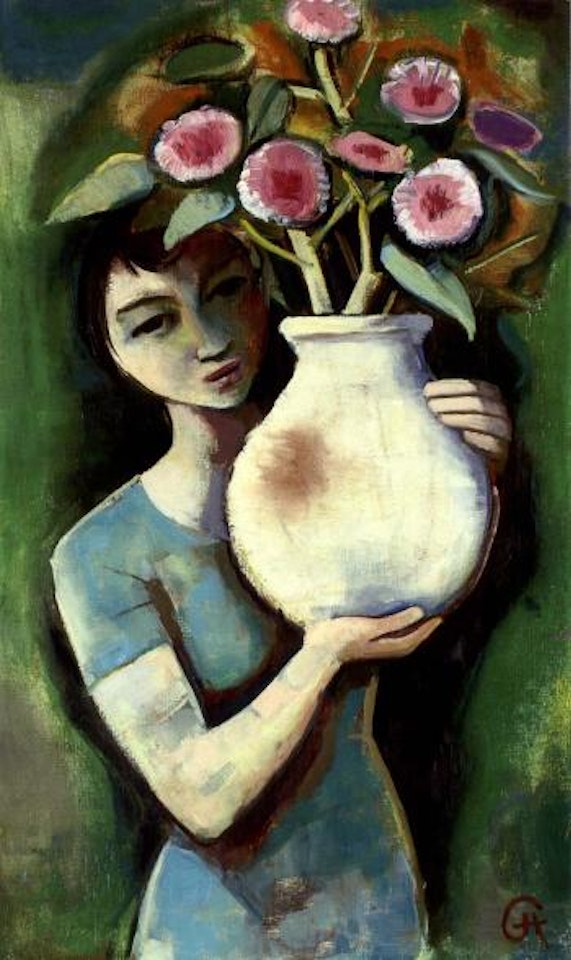 Madchen, eine Vase mit Blumen haltend - Girl with a vase of flowers by Karl Hofer