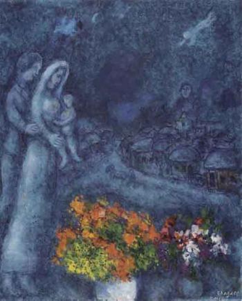 La famille aux deux bouquets dans la nuit by Marc Chagall