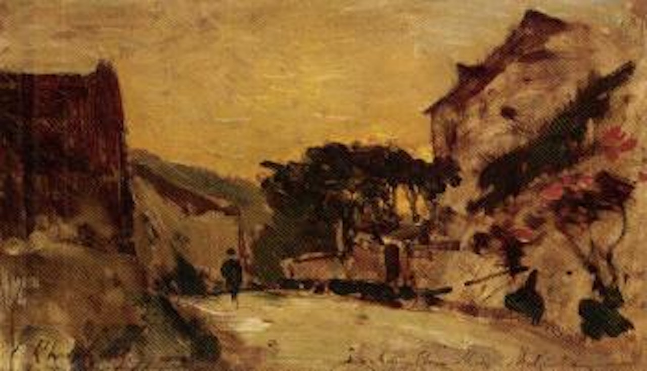 L'entree du village by Henri Harpignies