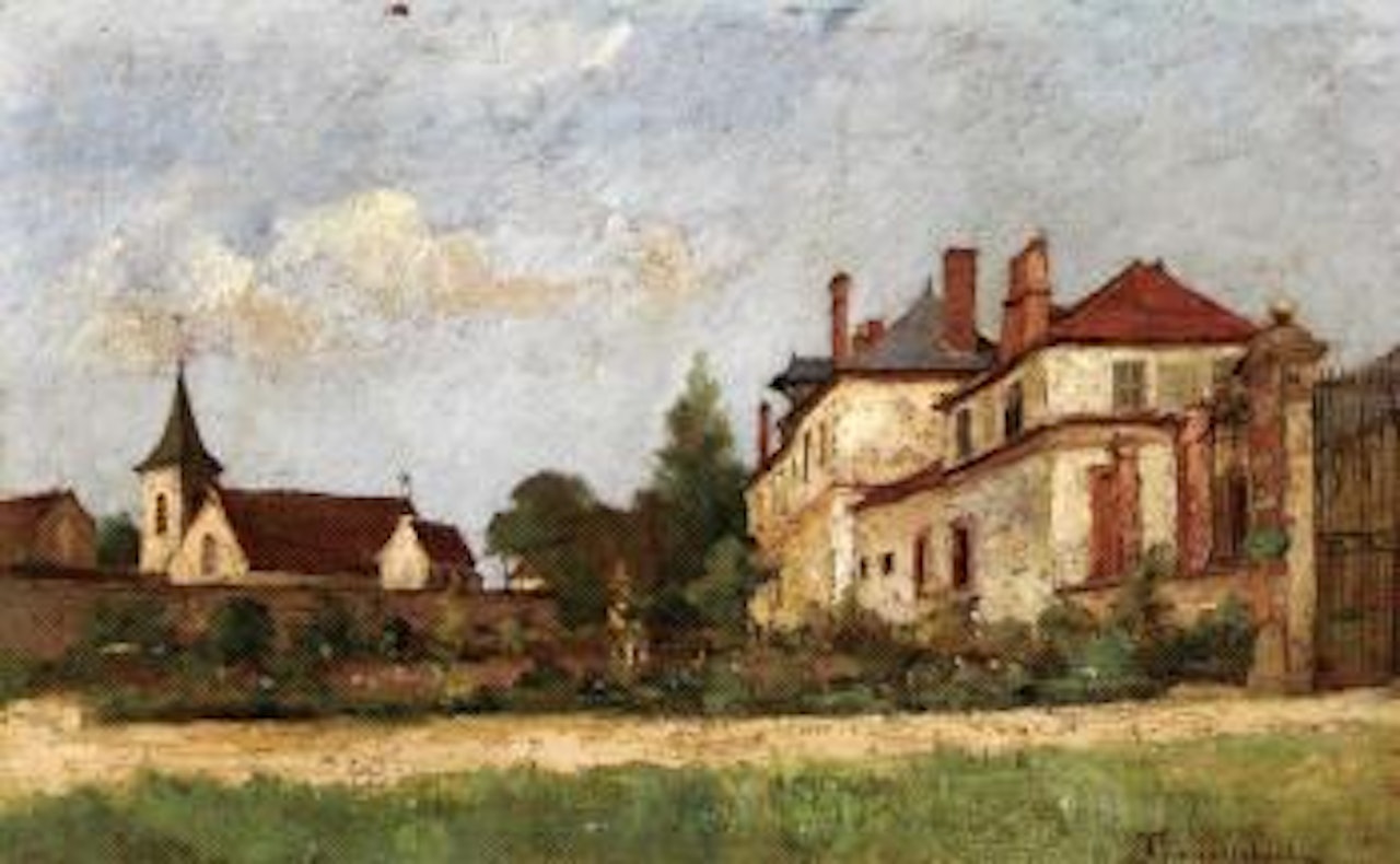 Le chateau pres de l'eglise du village by Paul Désiré Trouillebert