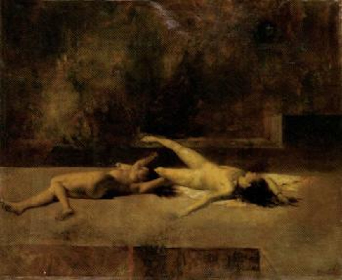 Duex femmes nues allongees sur le sol, etude pour l'Incendie by Eugene Fromentin