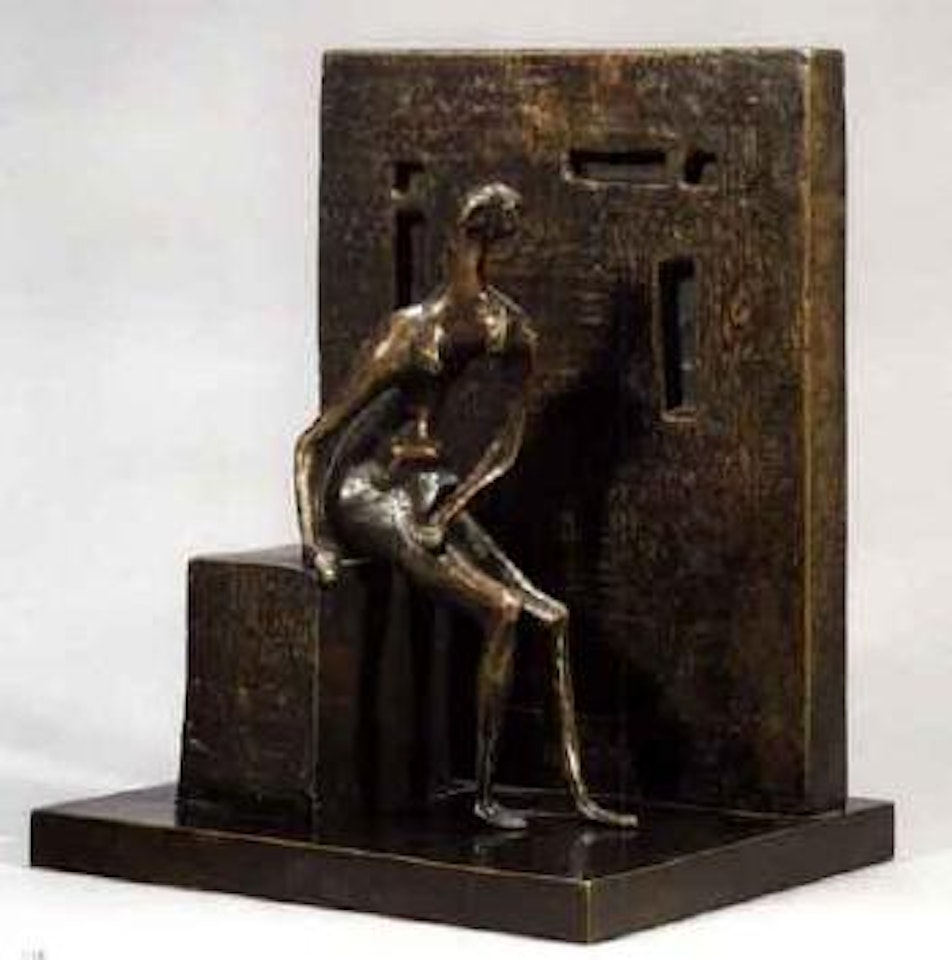 Maquette for girl seated against square wall by Henry Moore