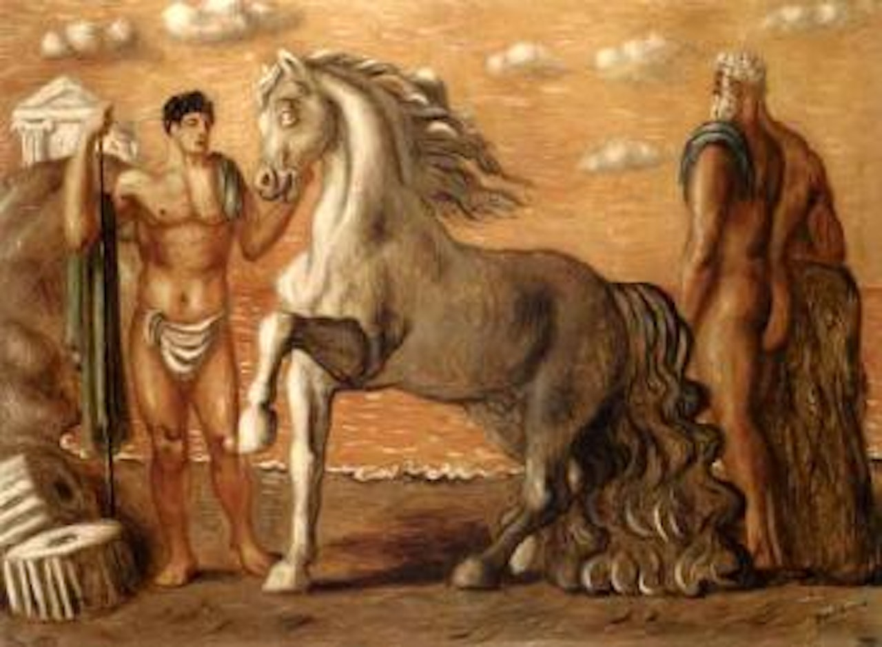 Cavallo e personnaggi in riva al mare - Horse and figures by the seaside by Giorgio de Chirico