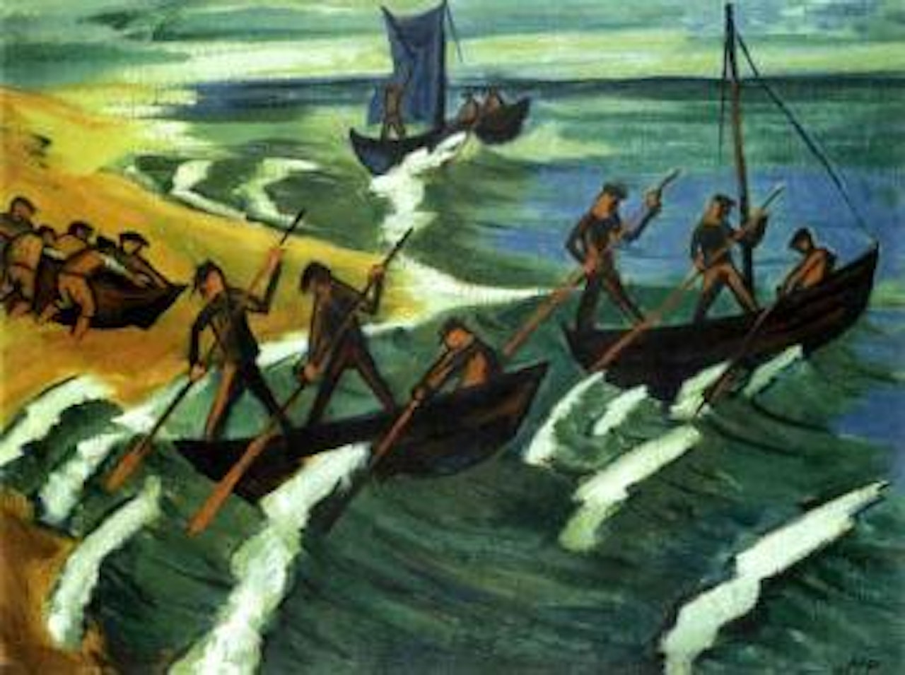 Abstossende Boote- Departing boats. Hauser mit Garten - Houses with gardens by Max Pechstein