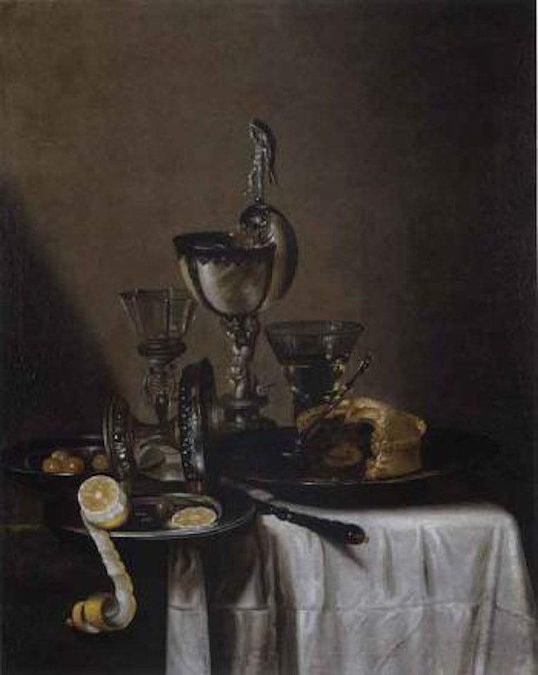 Still life with nautilus cup, silver tazza, wine glasses by Willem Claesz Heda