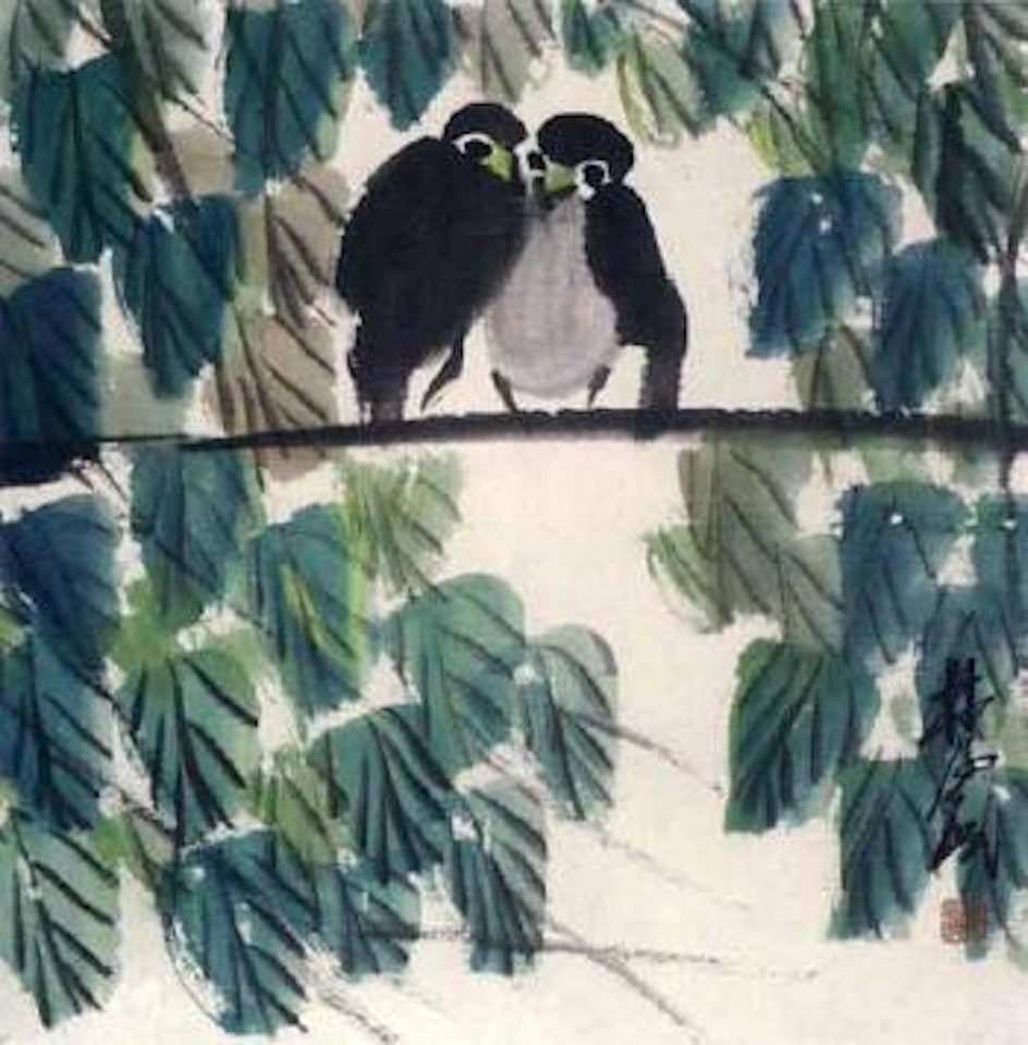 Two birds on branch by Lin Fengmian