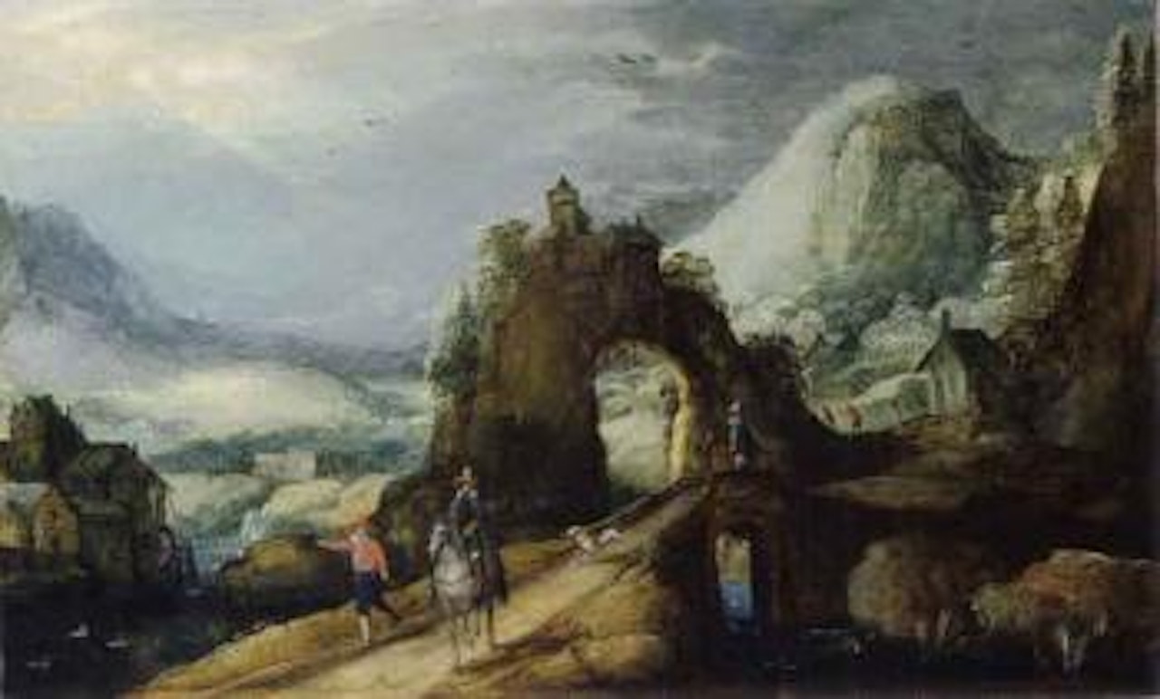 Mountain landscape with rock arch and rider by Tobias Verhaecht