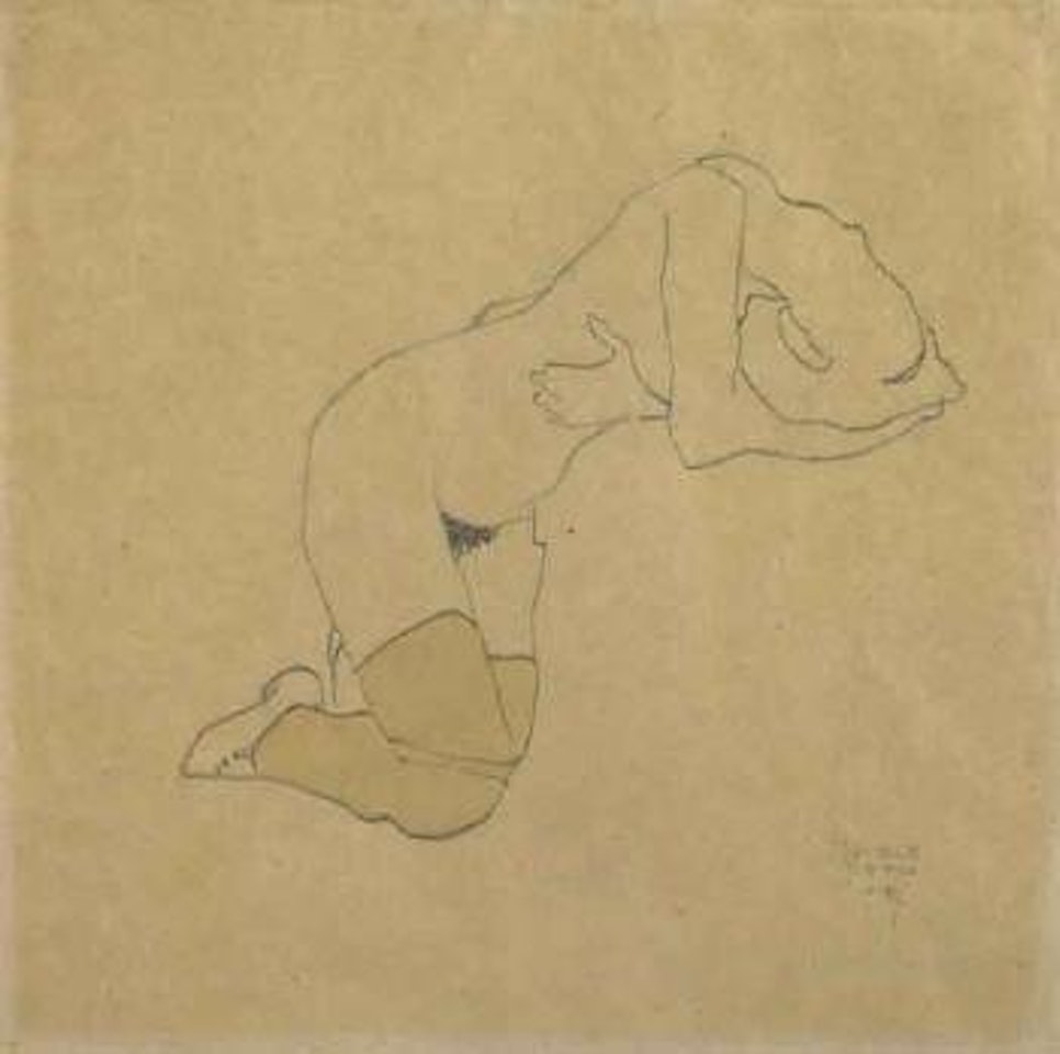 Kneeling female nude wearing yellow stockings by Egon Schiele