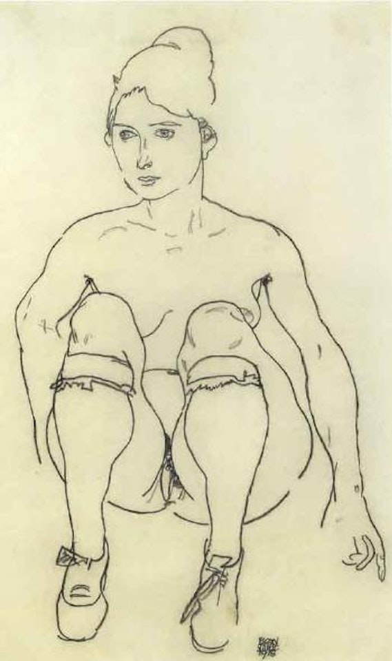 Seated nude wearing shoes and stockings by Egon Schiele