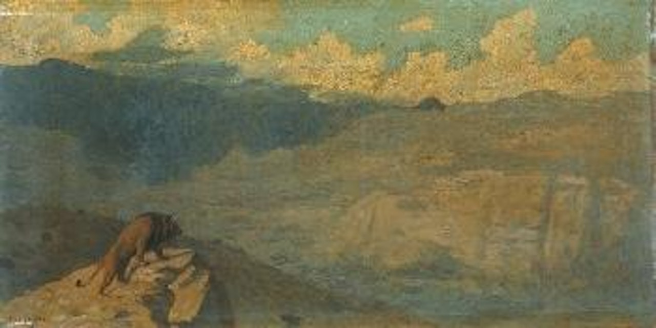 Lion sur rocher dominant vallee by Jean Léon Gérome