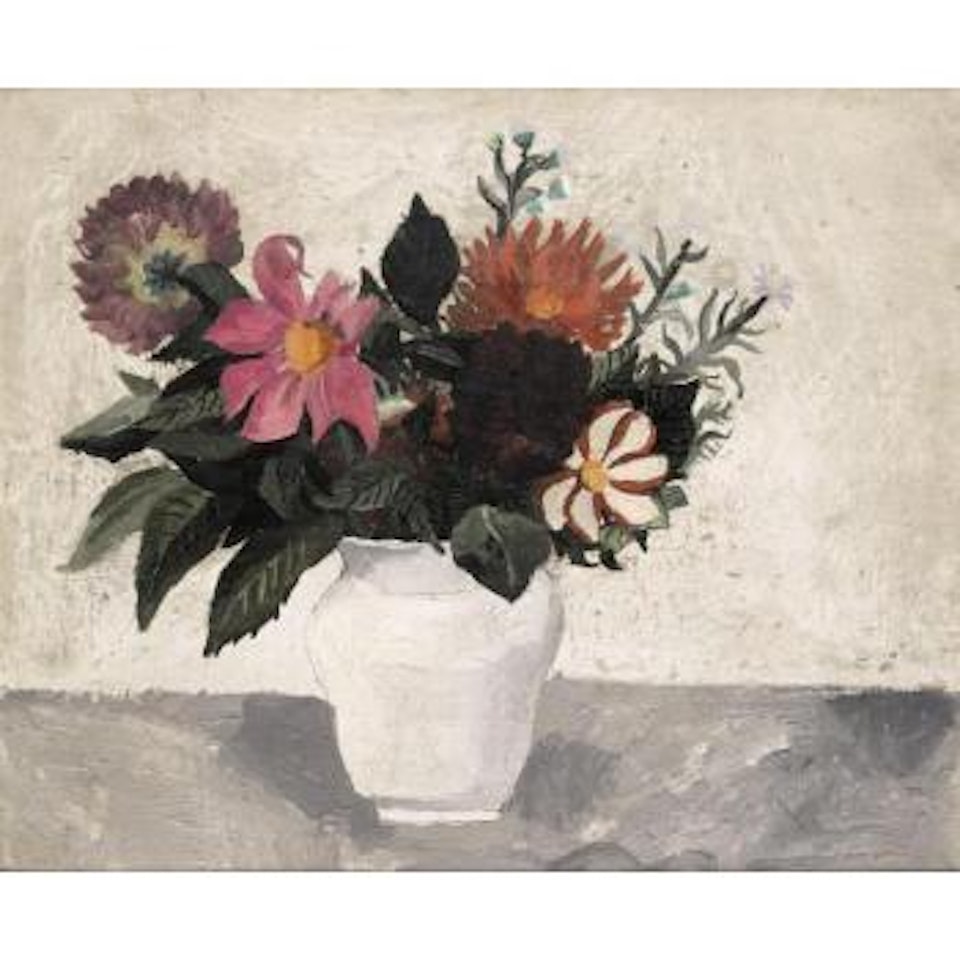 Dahlias in white pot by Christopher Wood