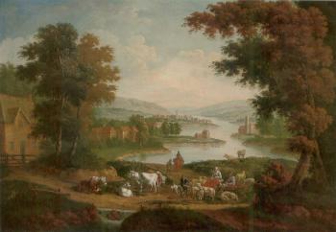 Peasants with sheep and cattle in an extensive river landscape by John Wootton