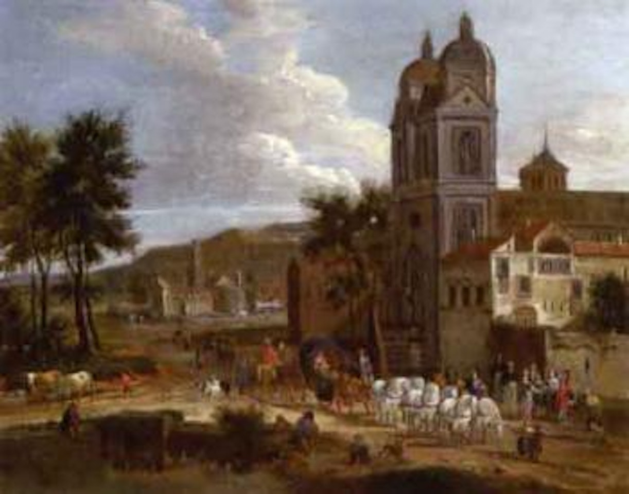 Landscape with a cart drawn by six white horses by Adriaen Frans Boudewyns by Pieter Bout