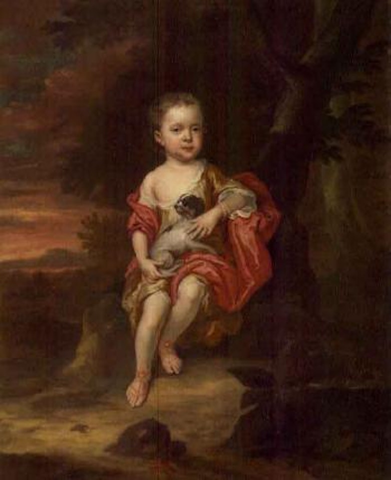 Portrait of a young boy holding his dog in an extensive landscape by Sir Peter Lely