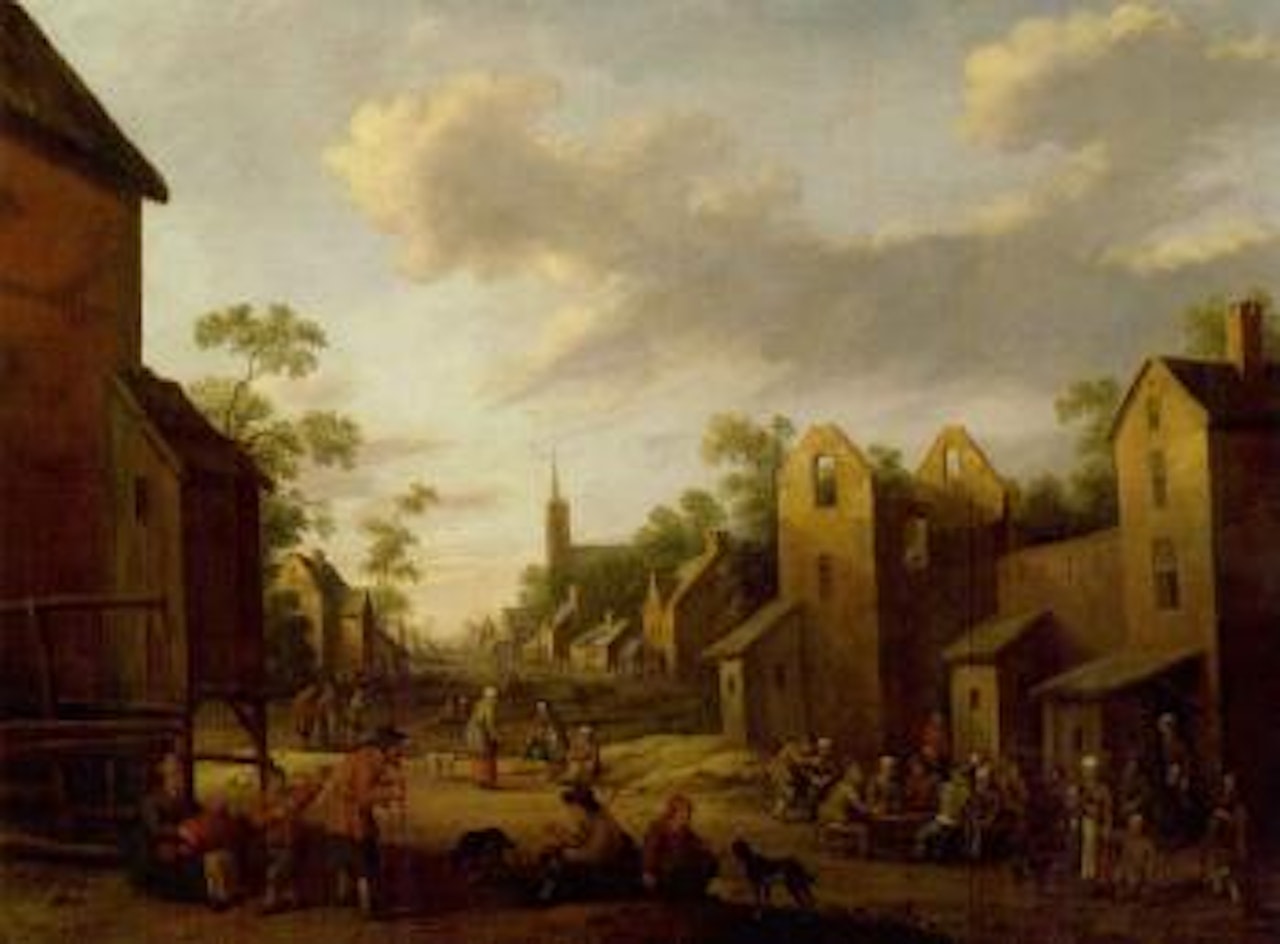 Village scene with numerous figures by Joost Cornelisz Droochsloot