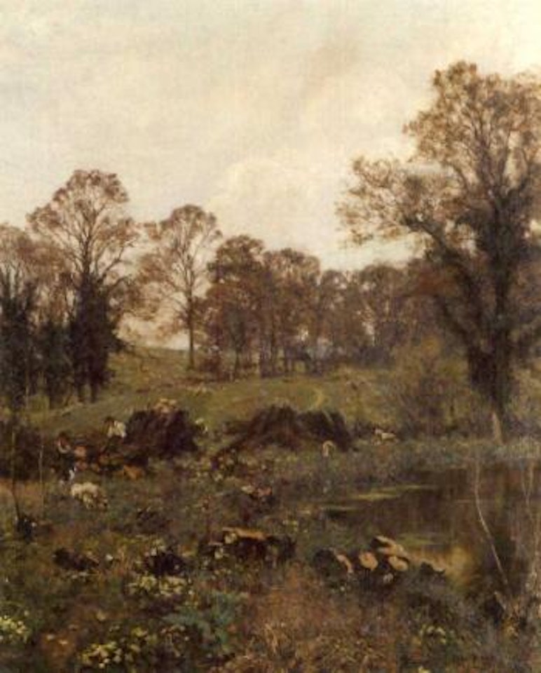 Figures resting beside a pond by Edward Wilkins Waite