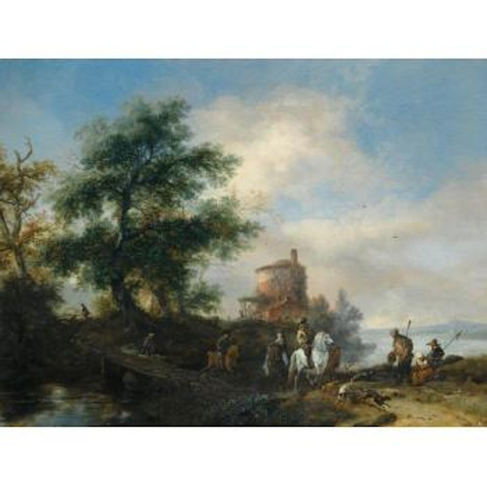 River landscape with figures, tower beyond by Philips Wouwerman