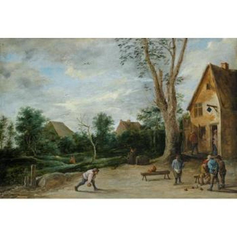 Village scene with peasants playing bowls before tavern by David Teniers II