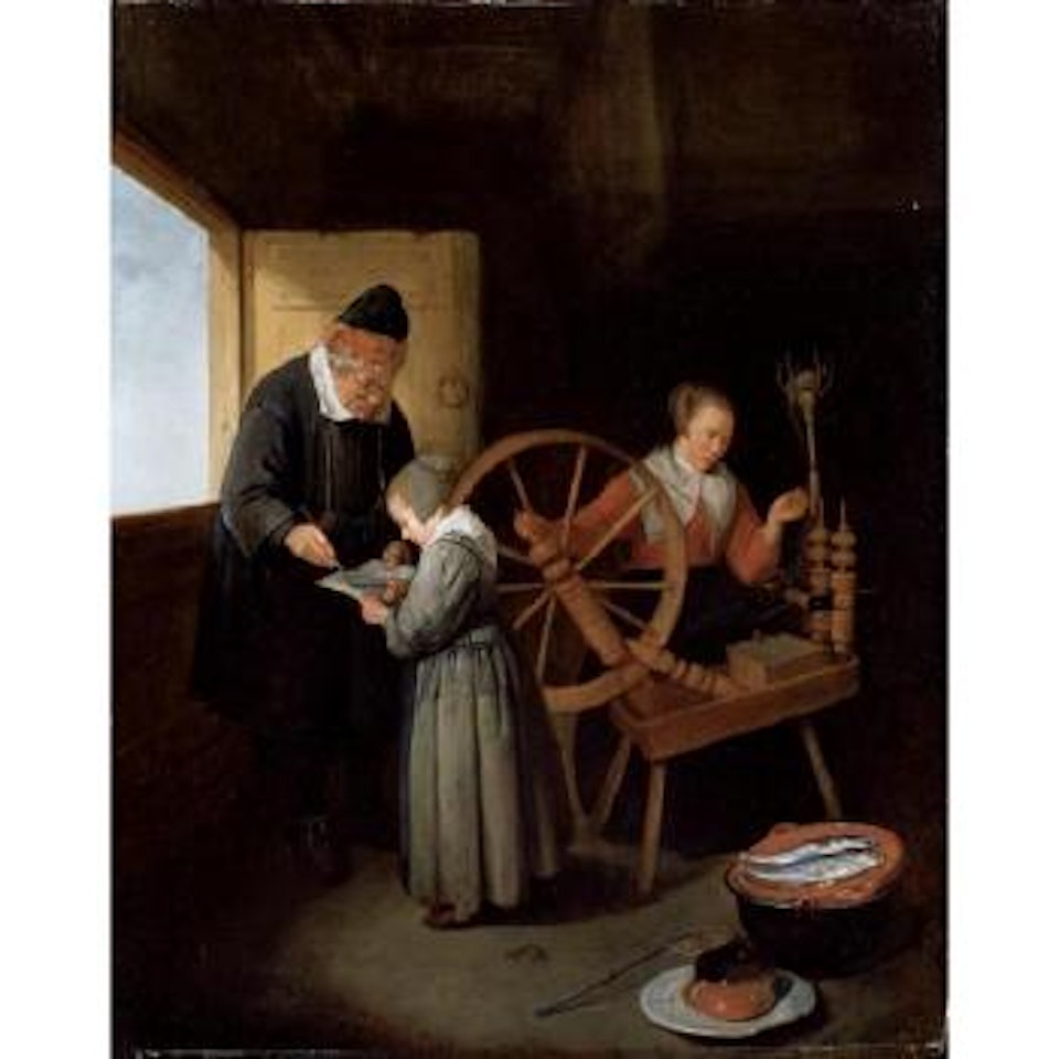 Interior with school master teaching young girl to read by Quirijn Gerritsz van Brekelenkam