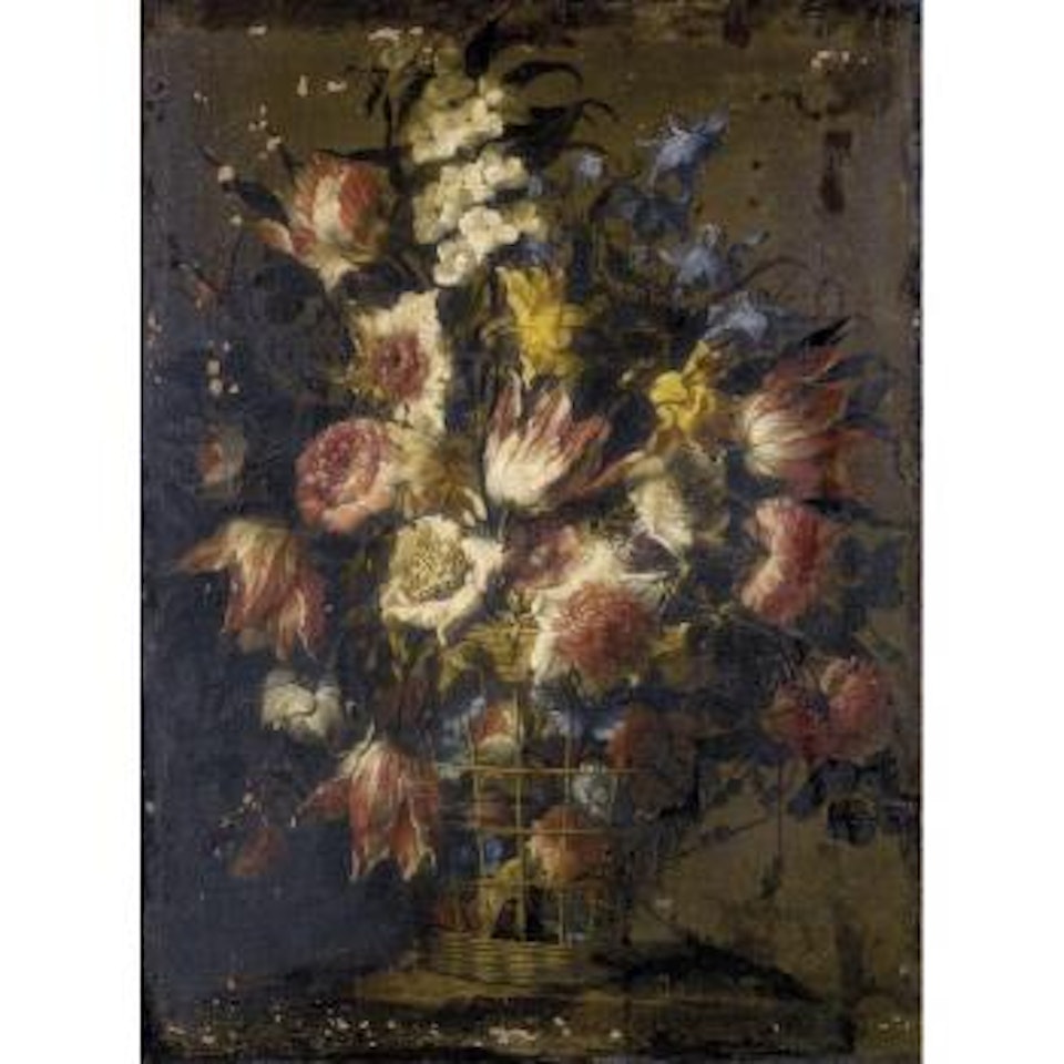 Still life of flowers in wicker basket by Juan de Arellano