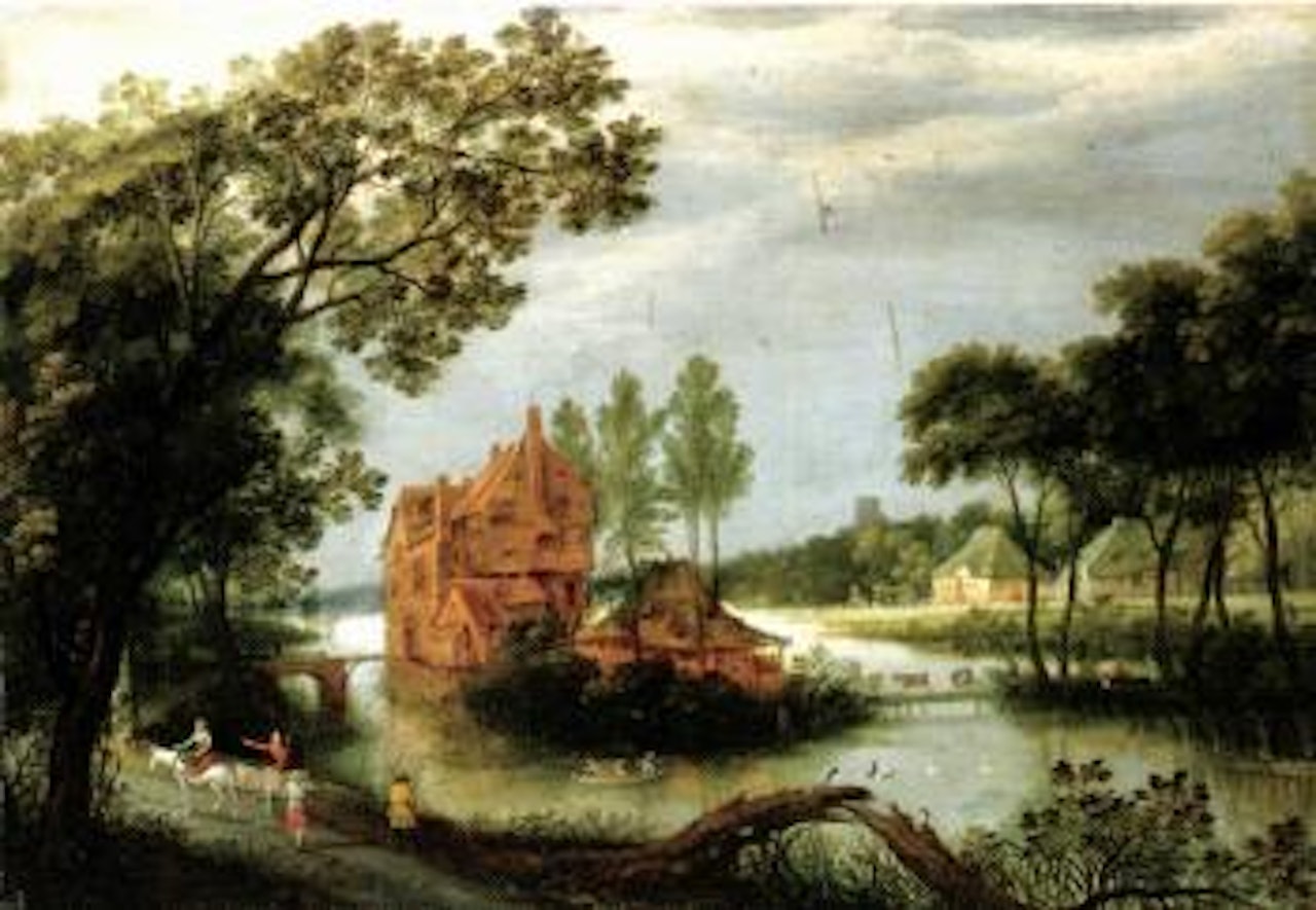 River landscape with sportsmen shooting from boat by Adriaen van Stalbemt