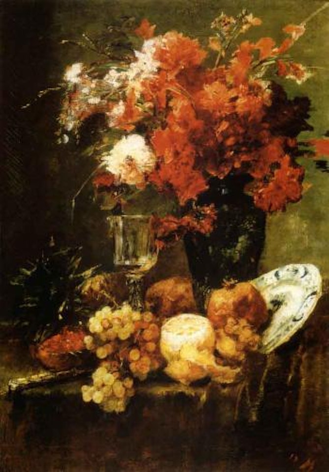 Flower and fruit still life with Delft plate by Bertalan de Karlovsky by Michael von Munkacsy