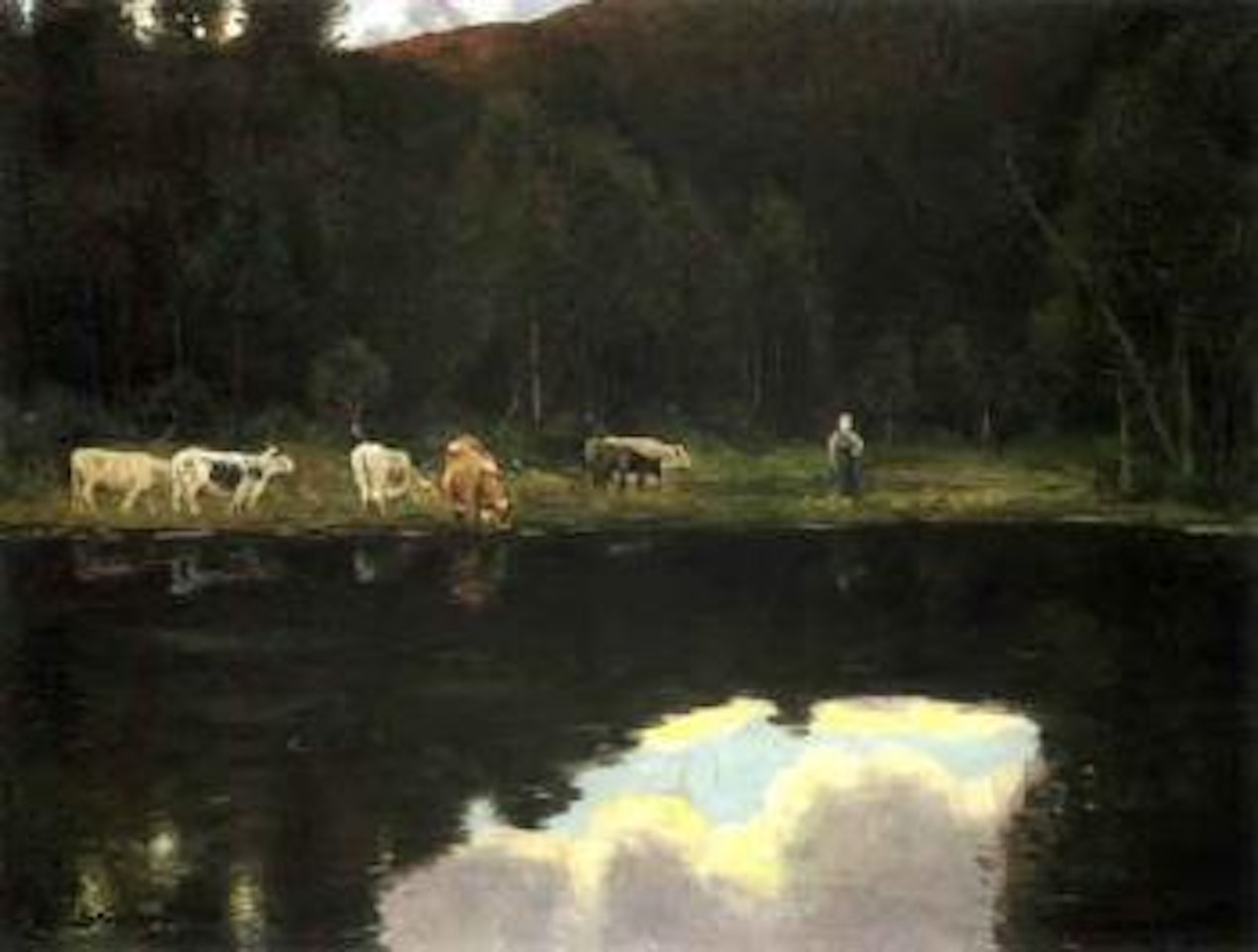 Milkmaid with cattle by woodland tarn by Christian Skredsvig