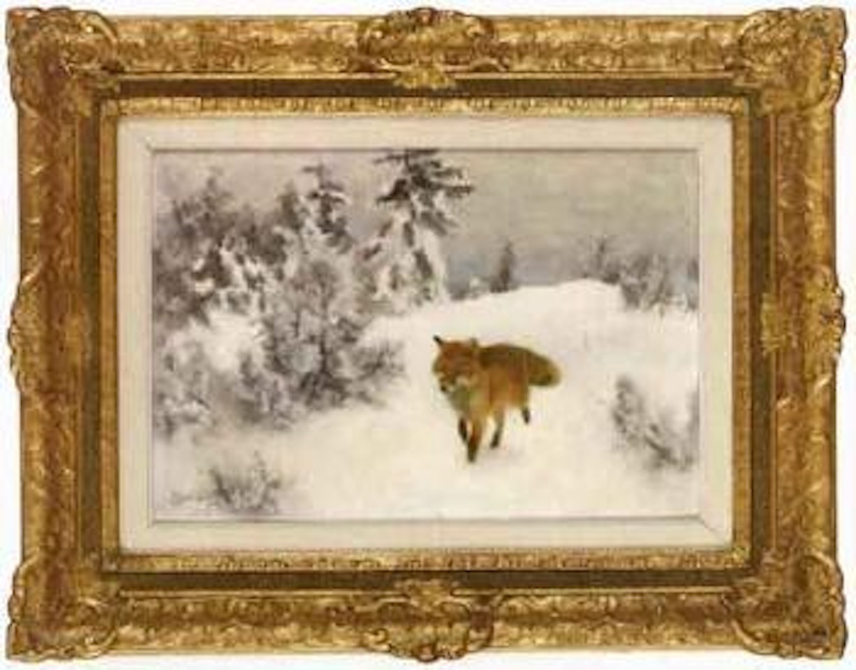 Winter landscape with fox in snow by Bruno Liljefors