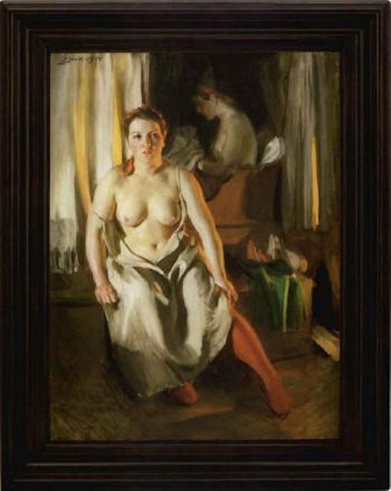 Red stockings - interior with partly dress female by Anders Zorn