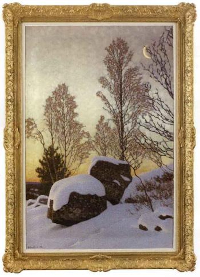 Dusk over snow covered stones by Gustaf Fjaestad