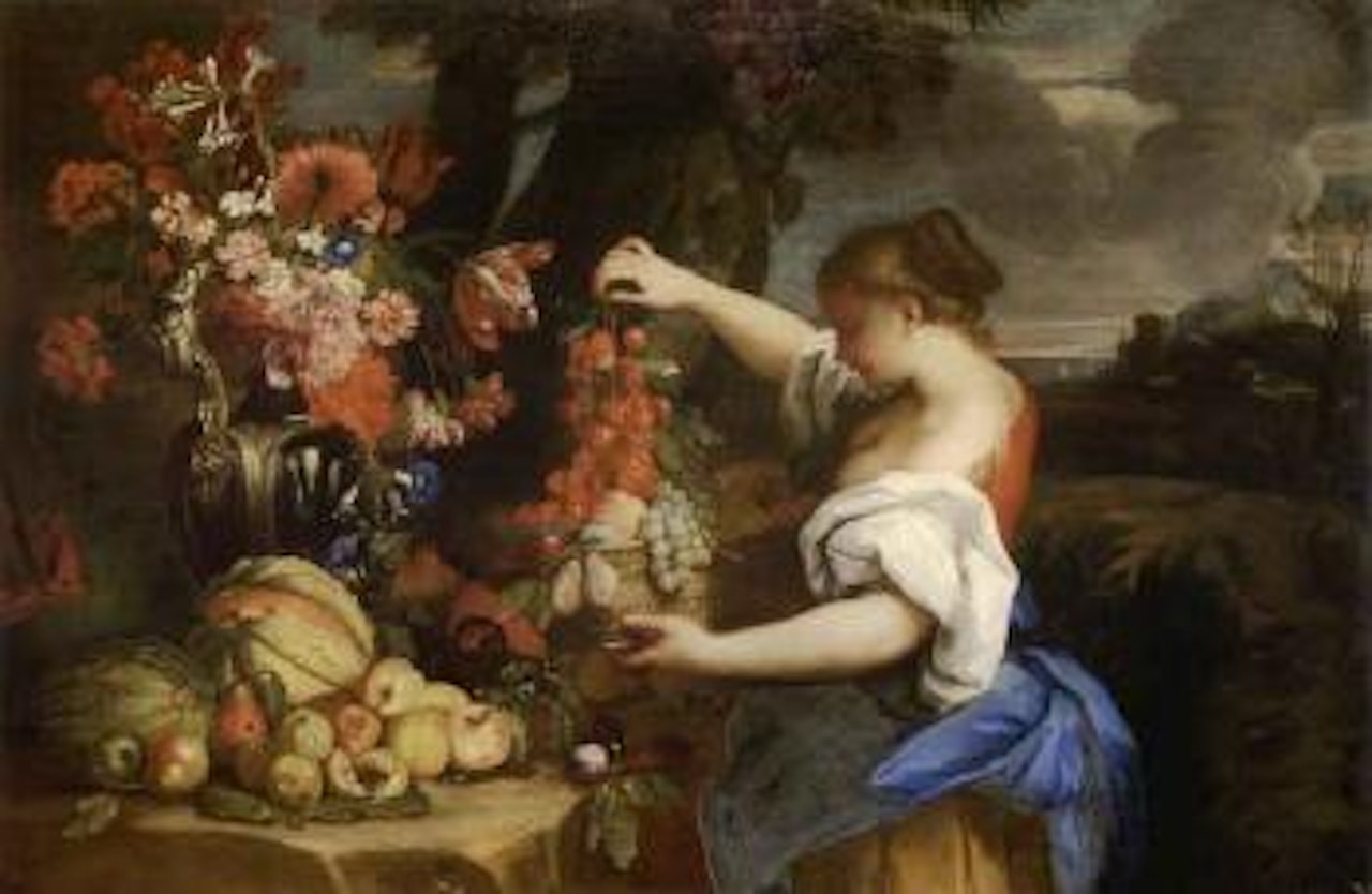 Female figure with fruit and flowers still life by Michele Pace del Campidoglio