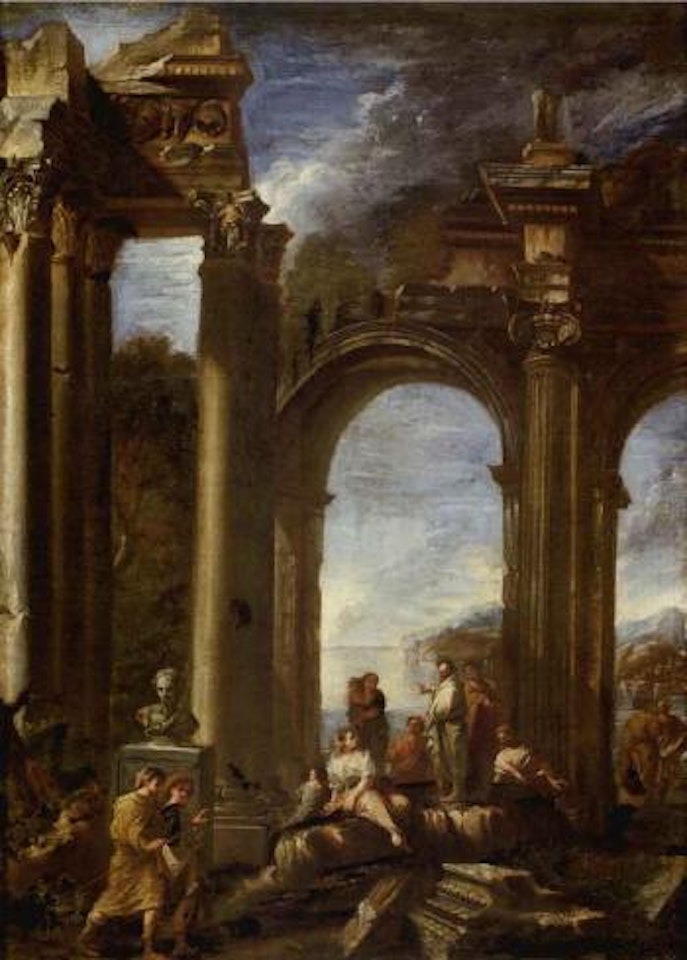 Landscape with ruins and figures by Giovanni Ghisolfi