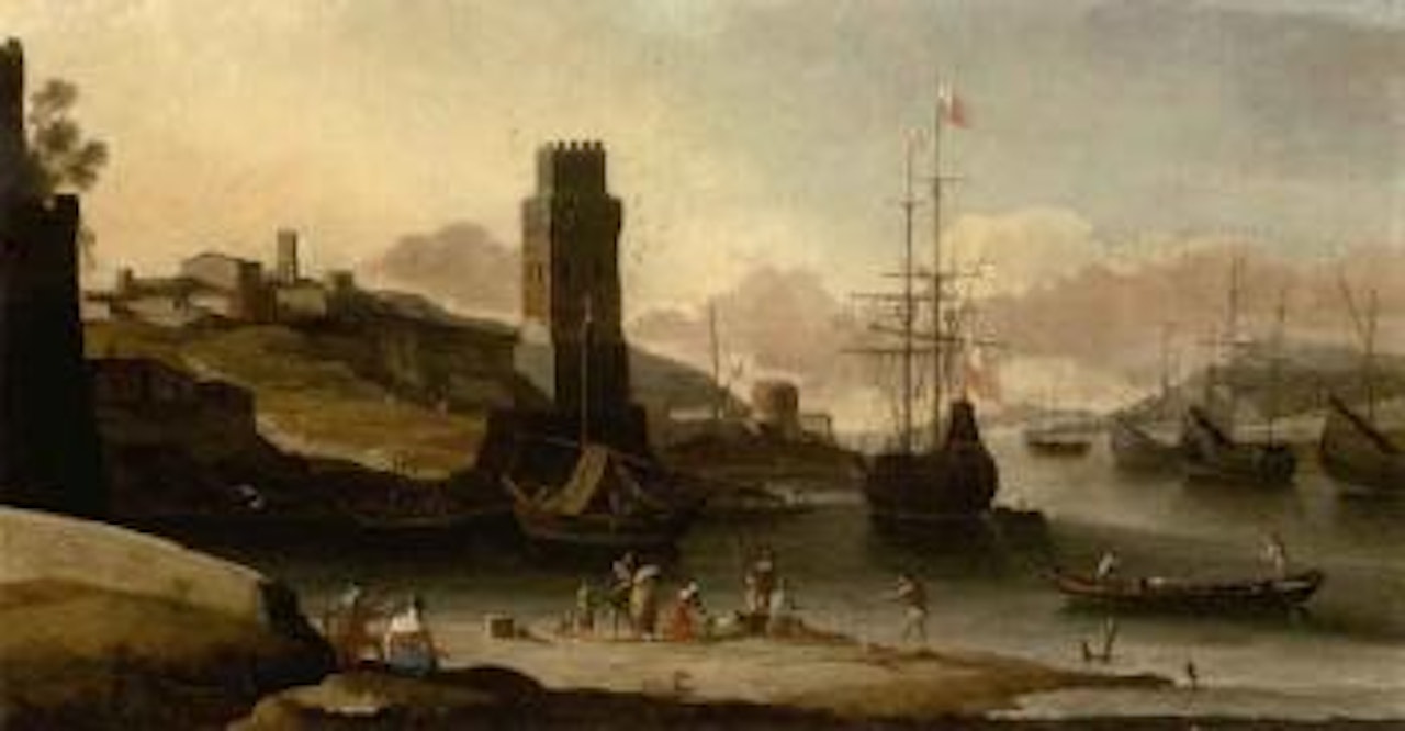 Harbour view with many figures by Italian School