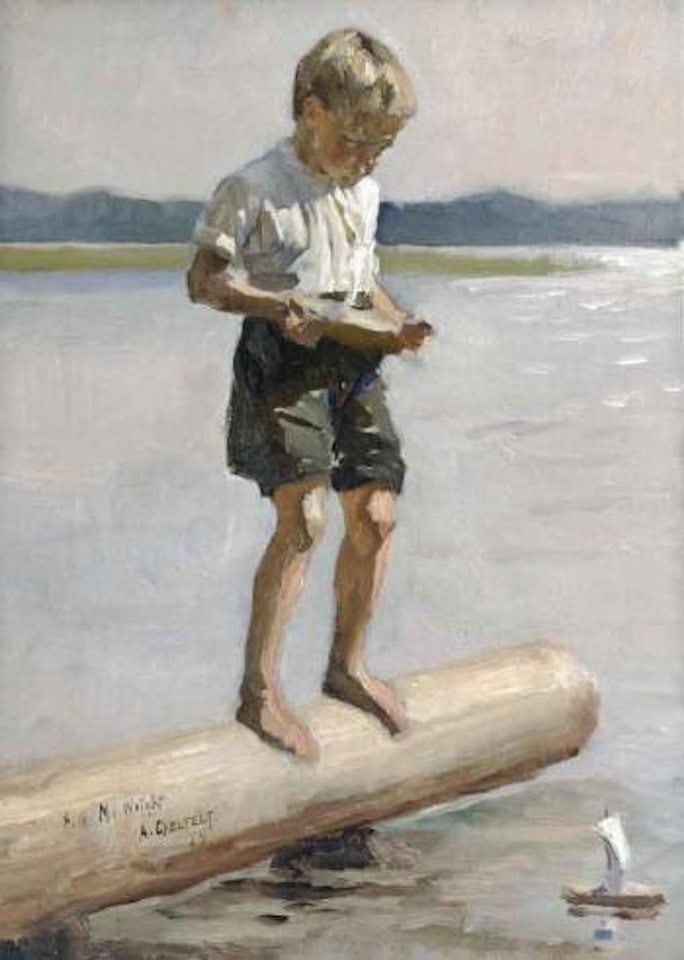 Boy playing on the beach by Albert Edelfelt