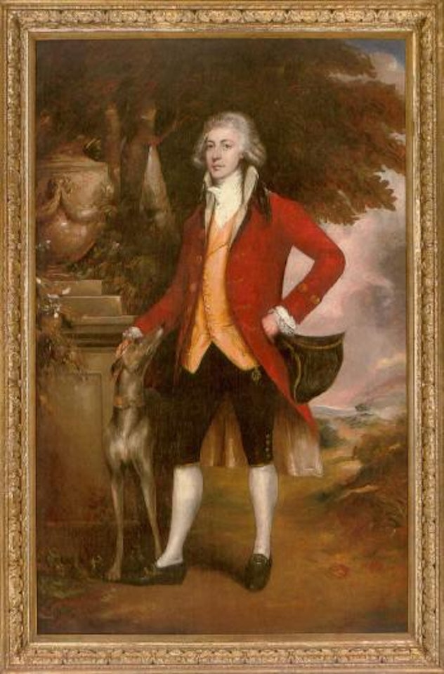 Portrait of a gentleman, full-length, in a red coat with dog beside him by Thomas Gainsborough