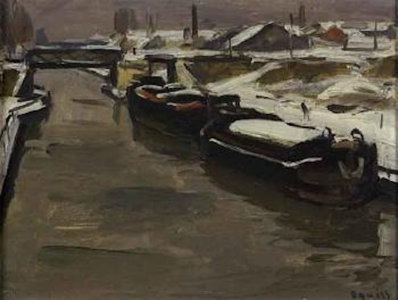 Peniches a quai en hiver by Takanori Oguiss