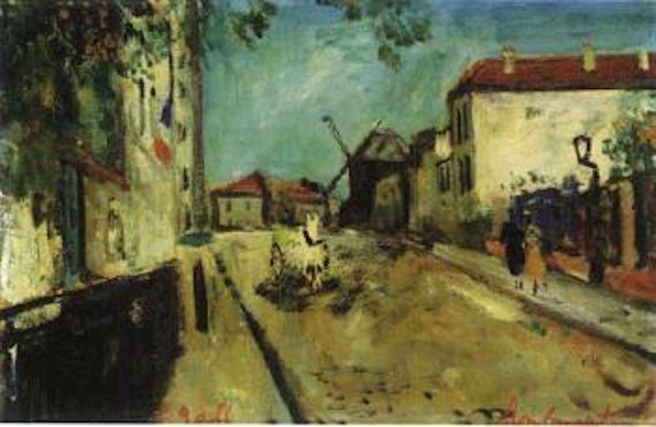Cheval blanc a la charrette jaune devant le moulin de la Galette by François Gall