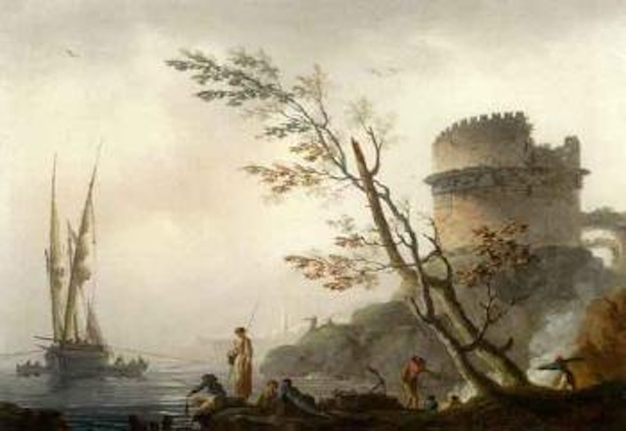 Paysage maritime avec tour en ruine et nombreux pecheurs by Charles François Grenier de Lacroix de Marseille