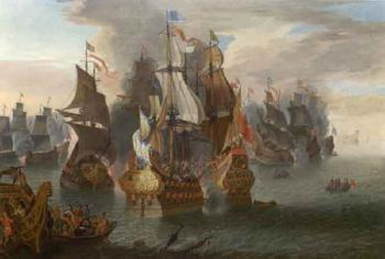 Combat naval. Bateaux devant un port mediterraneen by French School