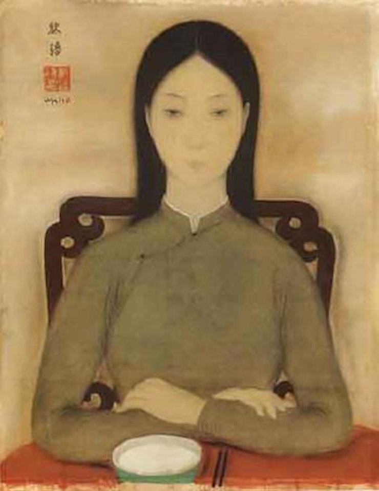 Portrait d'une jeune fille assise devant un bol de riz by Le Pho