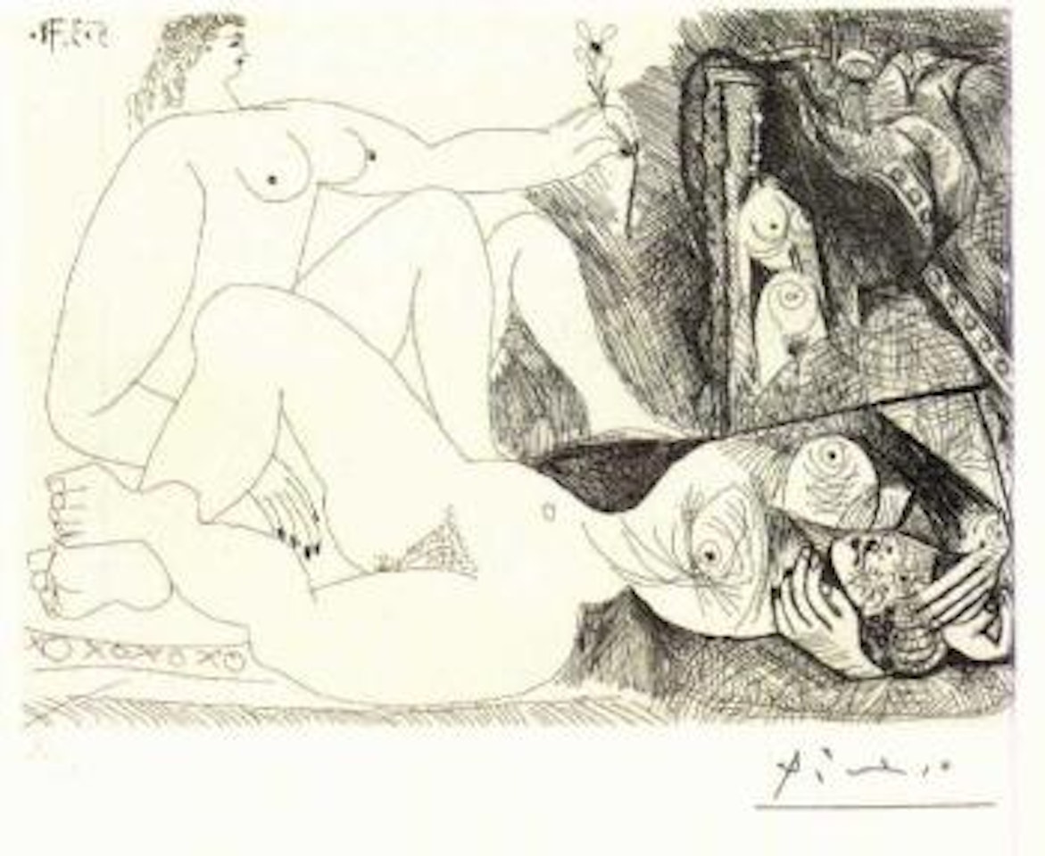 Femmes entre elles, dont une avec une fleur, et tableau drape by Pablo Picasso