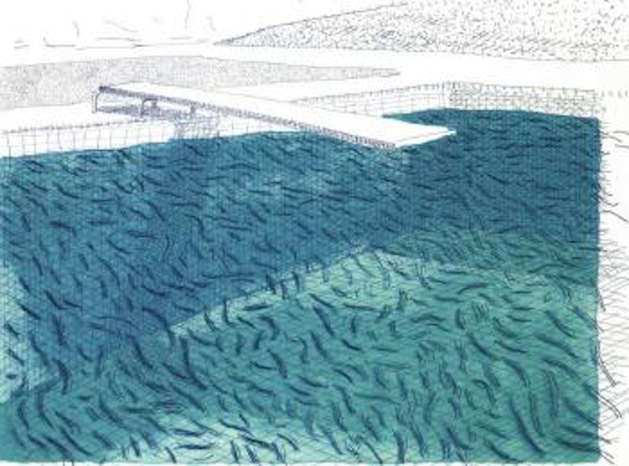 Water made of lines, crayon, and blue washes without green wash by David Hockney