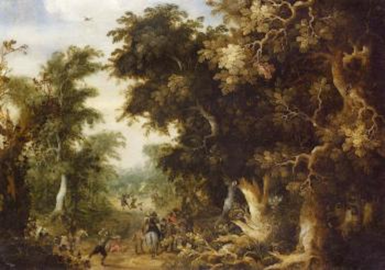 Soldiers and bandits on wooded track by Abraham Govaerts